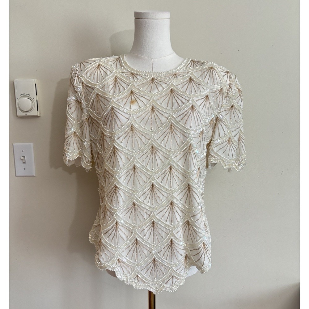 Laurence Kazaar Womens XL Beaded Silk Top White Cream Gold Holiday Party *FLAW